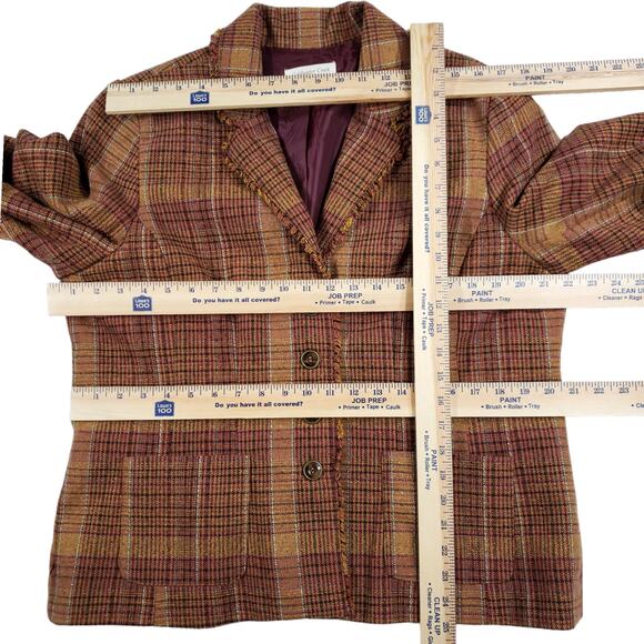 Coldwater Creek 16 Plaid Blazer Women Gold Plum Recycled Wool Blend Frayed Edges - Picture 3 of 11
